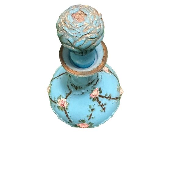 19th Century Antique French Blue Opaline Glass Decanter hand Painted Rose Floral - Picture 11 of 12